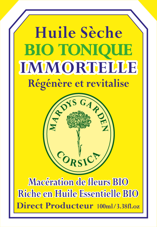 Dry Oil BIO TONIC Immortelle front label. Revives and Revitalizes. Organic Flower Macerate. Rich in ORGANIC Essential Oil. Direct Producer