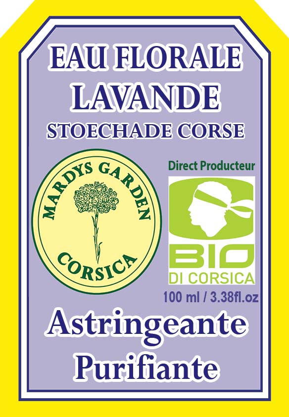 Oragnic Hydrosol Pure Topped Lavender 100ml front label. Stoechas Lavender from Corsica. Lavandula Stoechas. Astringent and Purifying. MARDYS GARDEN. BIO DI CORSICA. Straight from producer