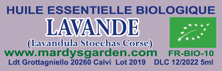 Topped Lavender Organic Essential Oil 5ml label. Lavandula Stoechas. MARDYS GARDEN. BIO DI CORSICA.