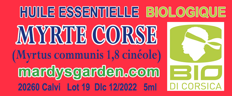 Green Myrtle Organic Essential Oil 5ml label. Organic Myrtus Communis (1.8 cinéole). MARDYS GARDEN. BIO DI CORSICA.