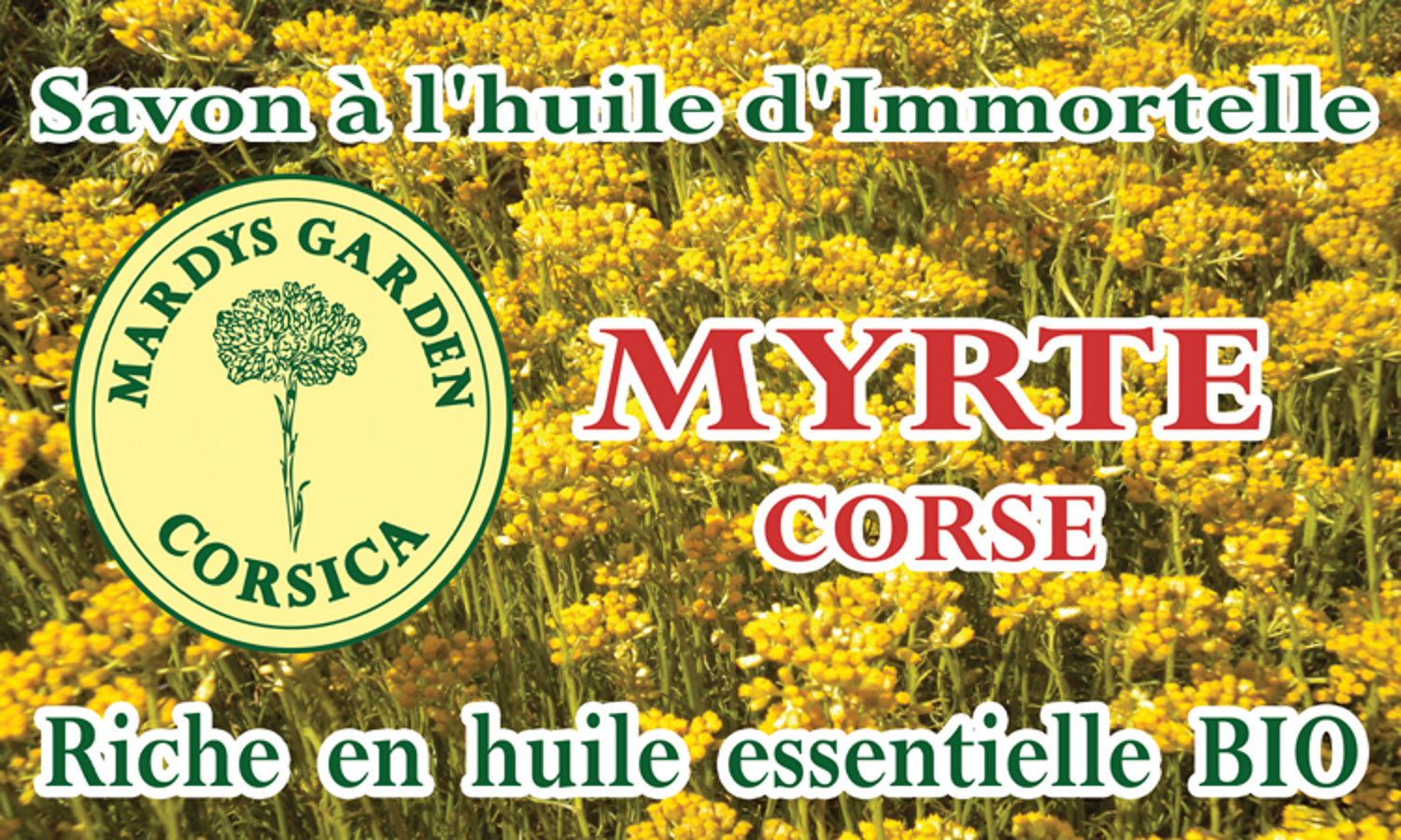 Myrtle Soap 100g label. Myrtle from Corsica. Rich in organic essential oil