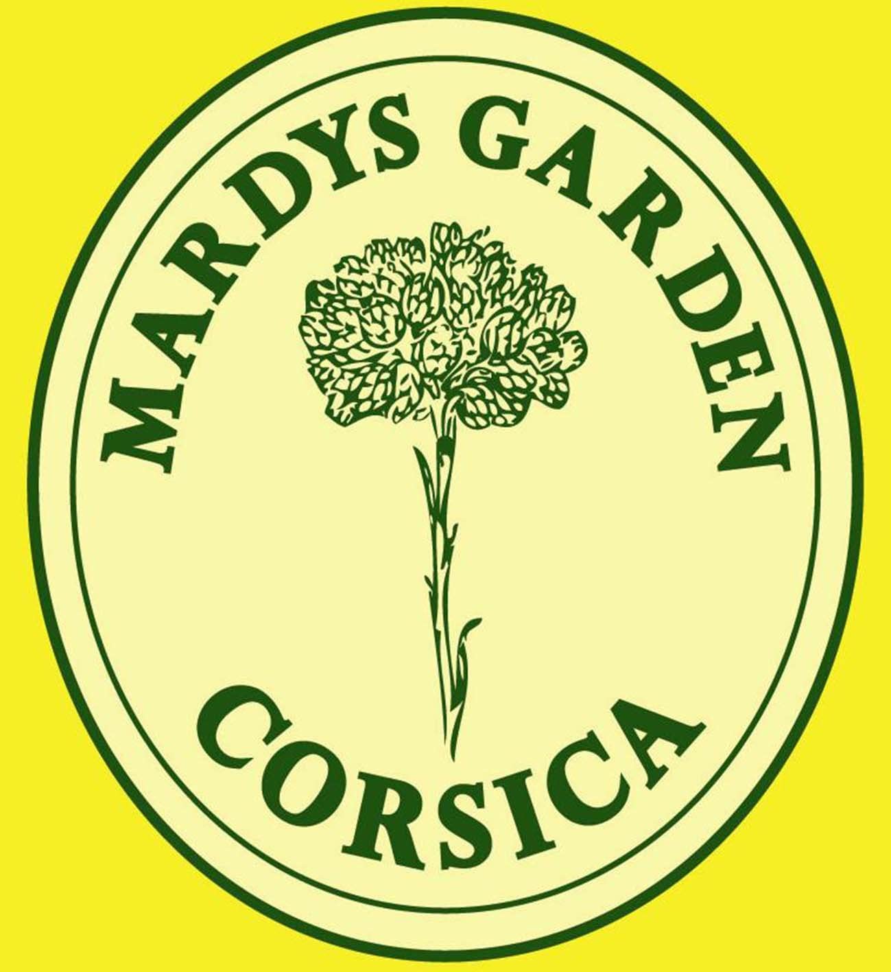 MARDYS GARDEN logo. Certified organic farmer since 2008 by Bureau Veritas. We live ecologically on-site on our farm in Calvi. We produce Immortelle, Myrtle, Rosemary, Lavender where it grows naturally in Corsica. All our fields are near the sea and under great sun exposure. The best environement for Corsican Immortelle 