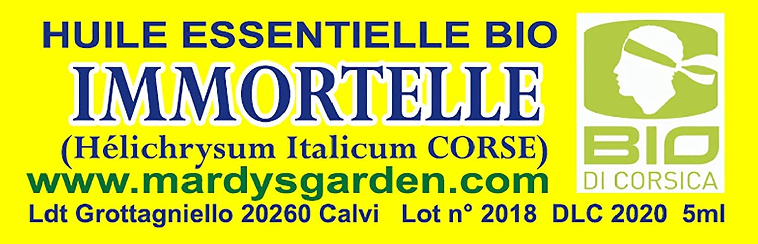 Immortelle Organic Essential Oil label. Helichrysum Italicum ssp Italicum from Corsica. MARDYS GARDEN. BIO DI CORSICA.