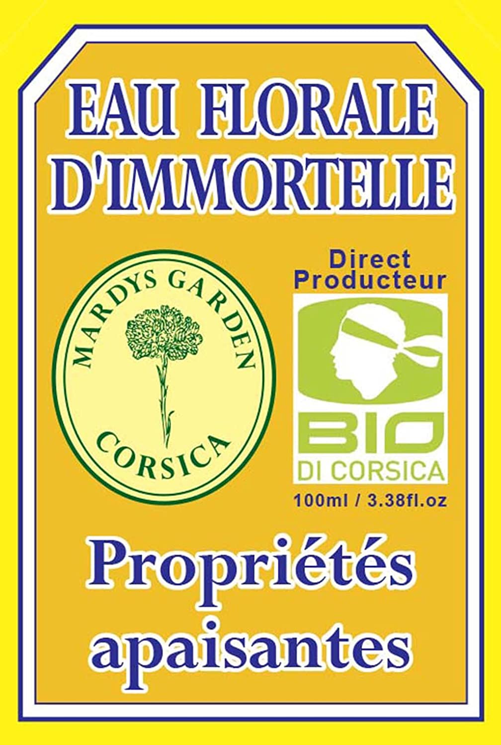 Front label Organic Immortelle Hydrosol 100ml. Soothin properties. Direct producer. BIO DI CORSICA. MARDYS GARDEN