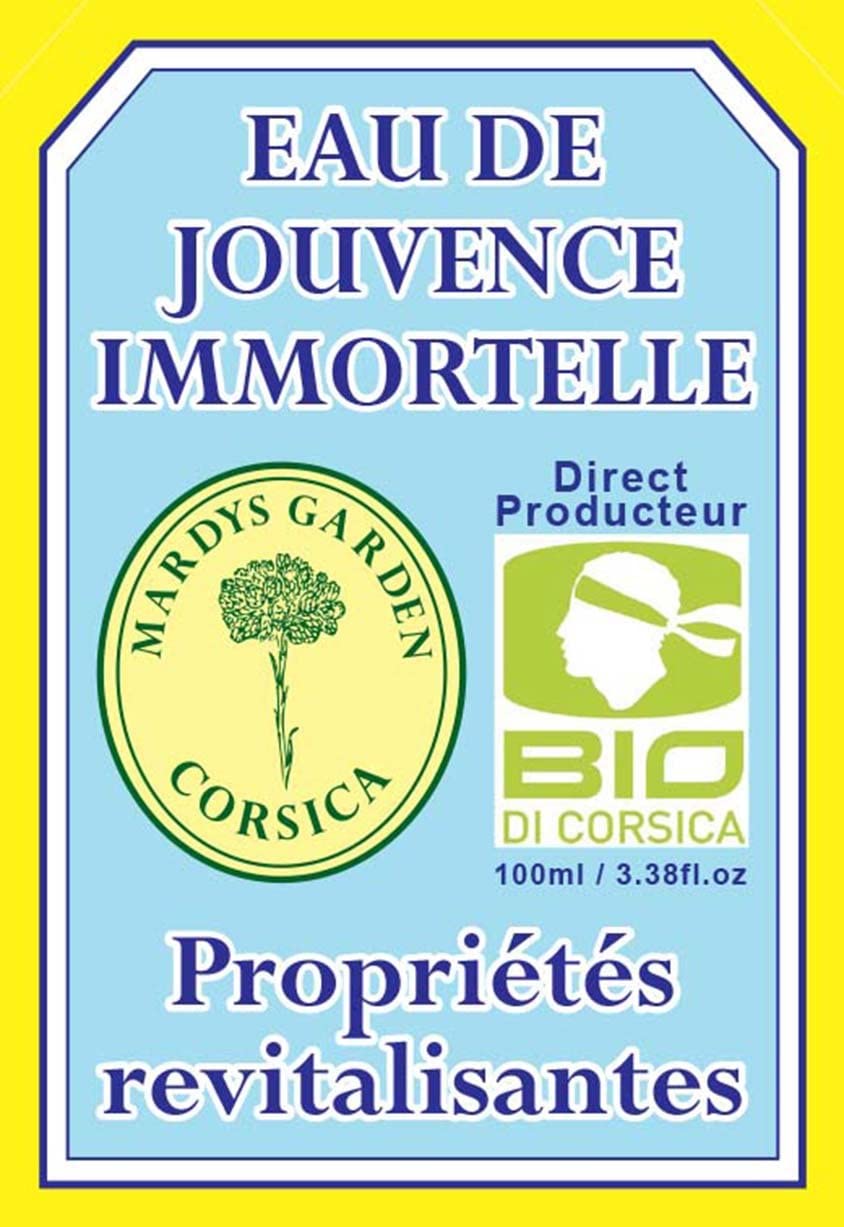 Organic Essential Water 100ml front label. Direct Producer. Revitalizing properties. MARDYS GARDEN logo, BIO DI CORSICA logo.