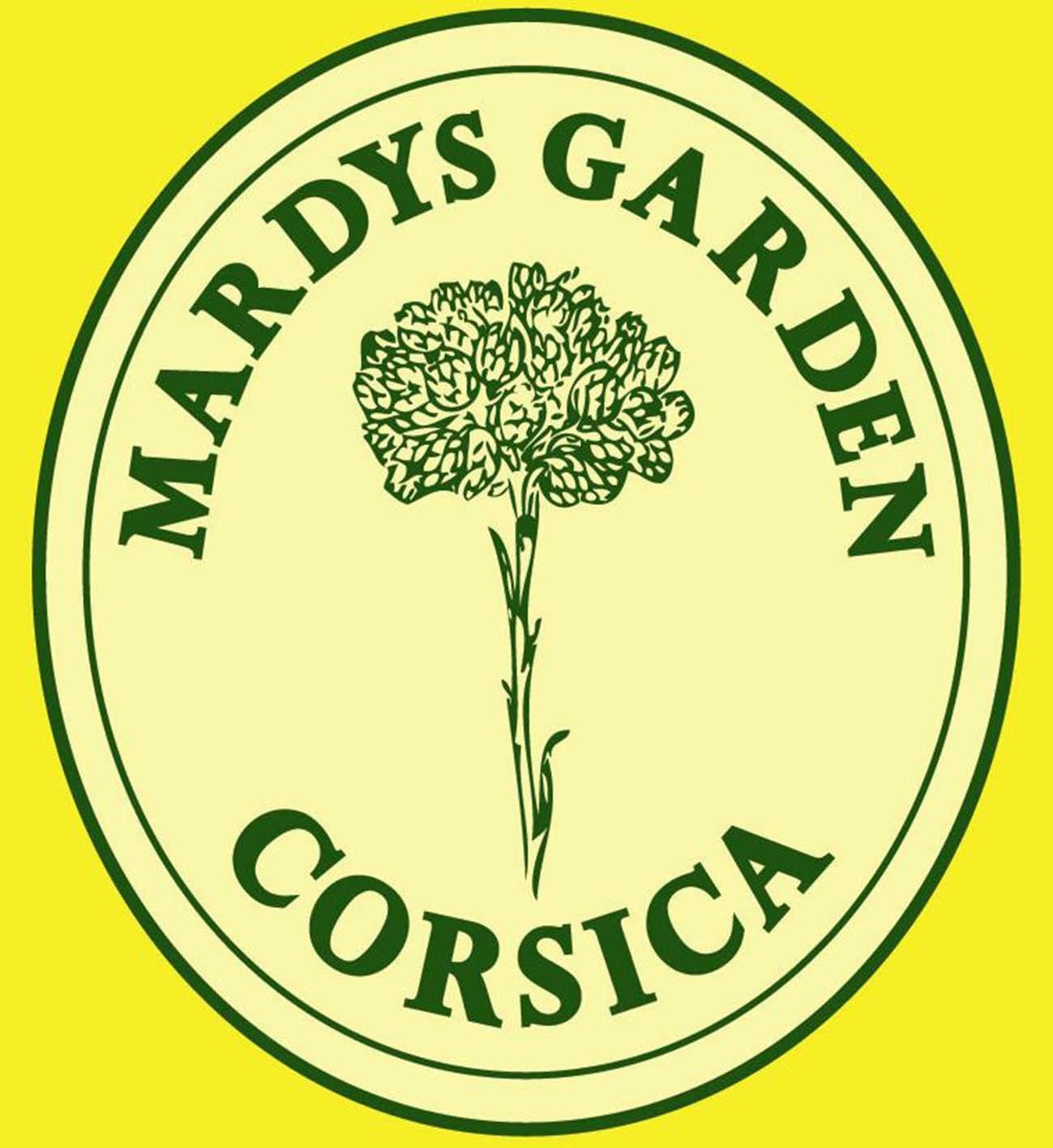 MARDYS GARDEN logo. Certified organic farmer since 2008 bu Bureau Veritas. We live ecologically on-site on our farm in Calvi. We produce Immortelle, Myrtle, Rosemary, Lavender where it grows naturally in Corsica. All our fields are near the sea and under great sun exposure. The best environement for Corsican Immortelle 