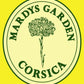 MARDYS GARDEN logo. Certified organic farmer since 2008 bu Bureau Veritas. We live ecologically on-site on our farm in Calvi. We produce Immortelle, Myrtle, Rosemary, Lavender where it grows naturally in Corsica. All our fields are near the sea and under great sun exposure. The best environement for Corsican Immortelle 