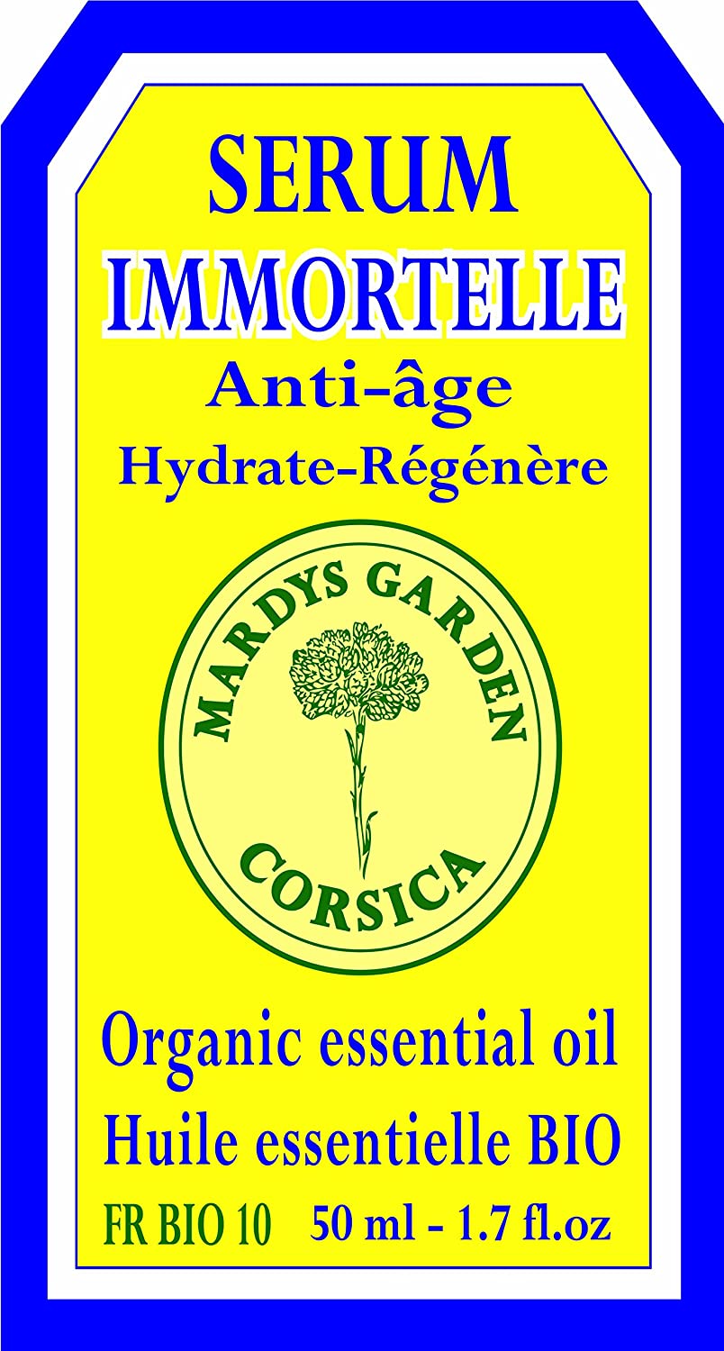 Front label Immortelle Anti Aging Organic Serum 50ml. Hydrates and Revives. Made with organic essential oil.