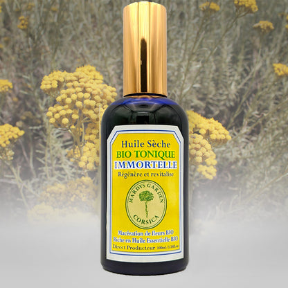 Immortelle Dry Oil 100ml. Revives and Revitalizes. Multifunction for hair, face and body. Rich in Organic Essential Oil of Helichrysum Italicum and Myrtus Communis