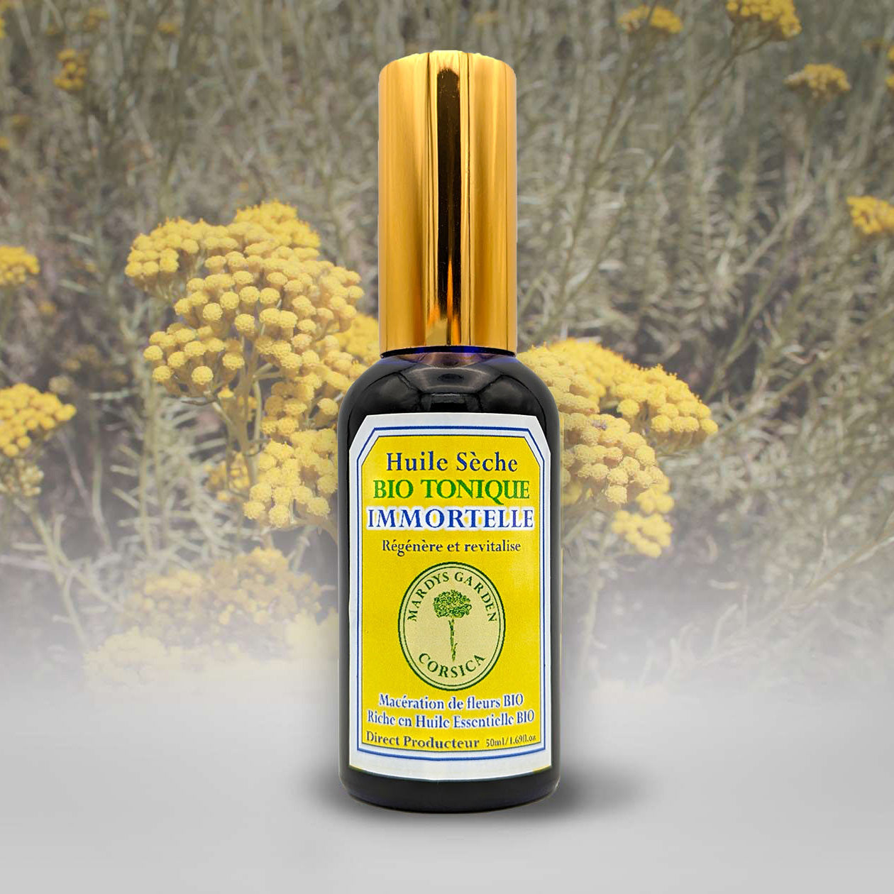 Immortelle Dry Oil 50ml. Revives and Revitalizes. Multifunction for hair, face and body. Rich in Organic Essential Oil of Helichrysum Italicum and Myrtus Communis