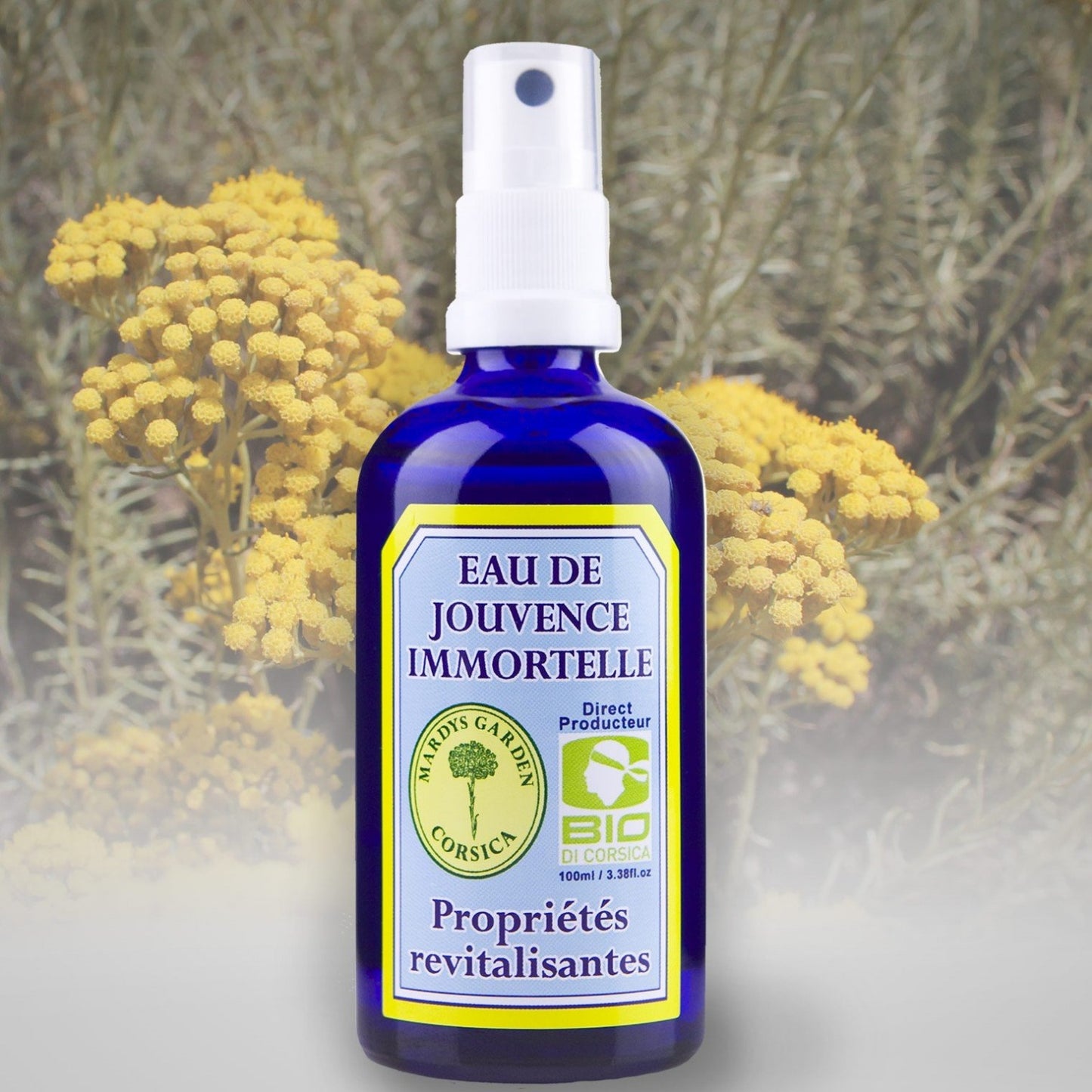 Organic Essential Water 100ml. Dew face mist. Blend of hydrosols of Immortelle, Myrtle, Mastic. Made in Corsica. Revitalizing properties. Anti wrinkles, rejuvenating