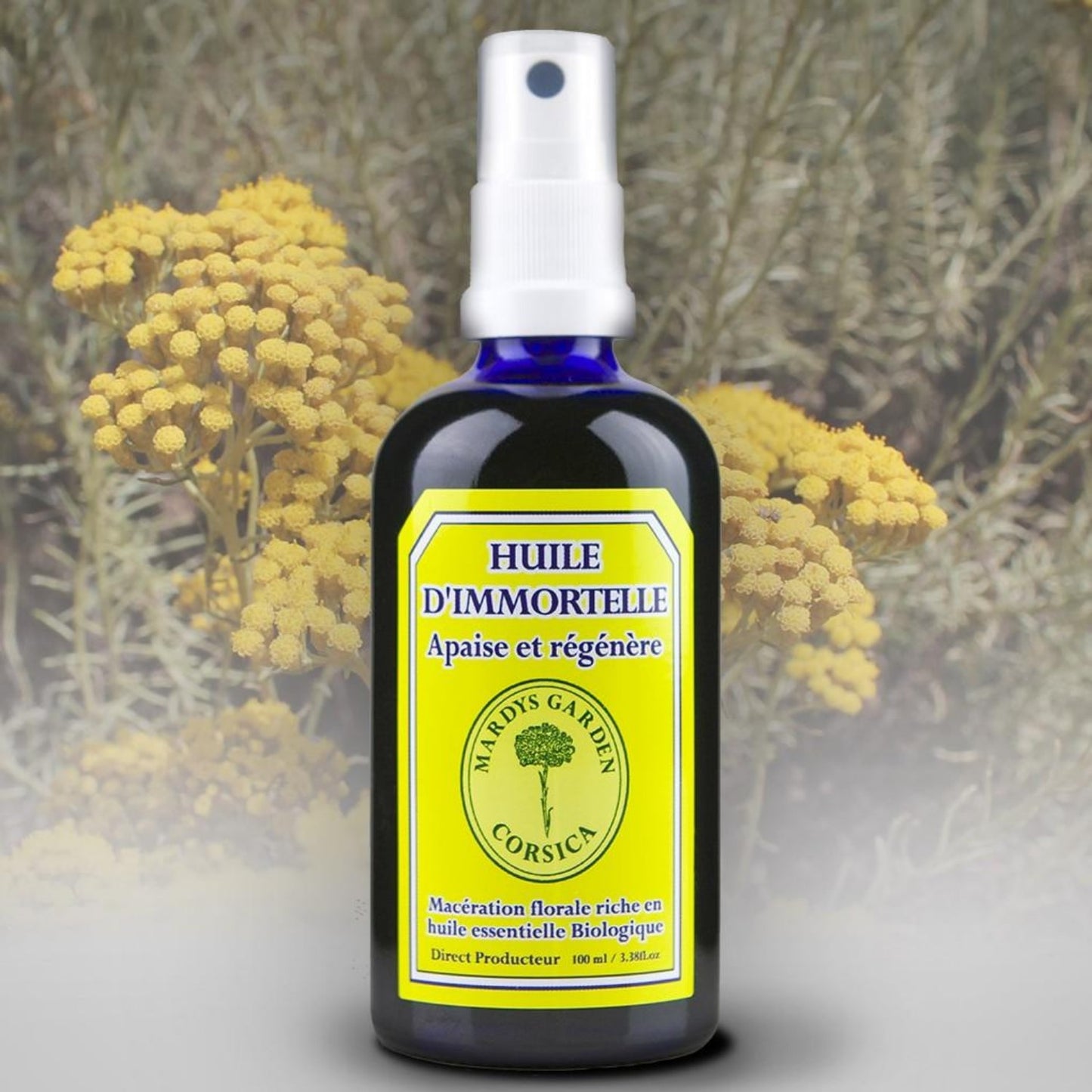 Immortelle Oil 100ml. Made in Corsica. Macerated Oil from Helichysum Italicum flowers. Enriched in Organic Essential Oil. Soothes and Revives