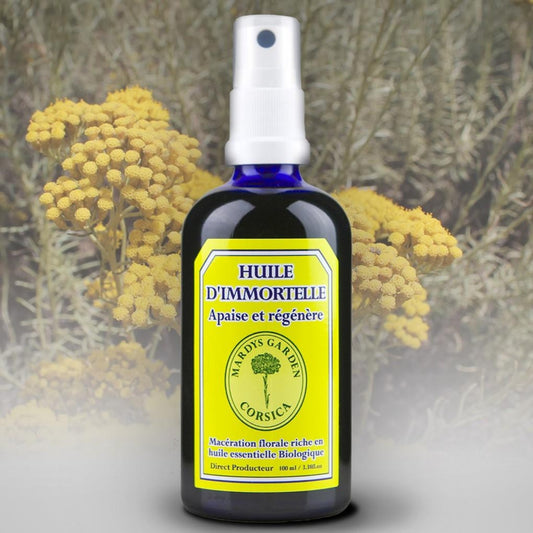 Immortelle Oil 100ml. Made in Corsica. Macerated Oil from Helichysum Italicum flowers. Enriched in Organic Essential Oil. Soothes and Revives