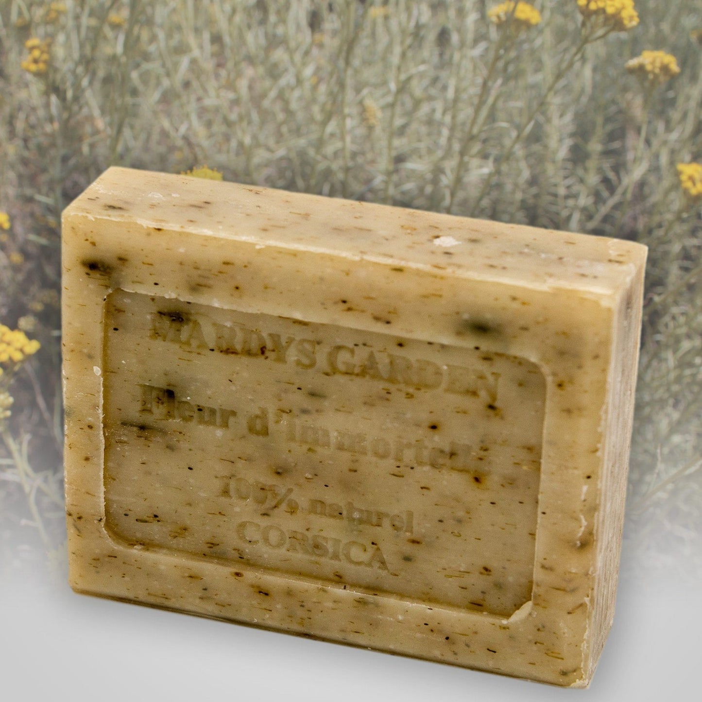 Immortelle Flowers Soap 100g. Exoliate skin. Scented with organic hydrosol and essential oil. All the properties of Corsican Immortelle for your skin. Natural skincare product. Gently clean, soothes and washes